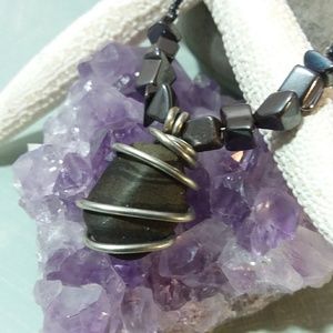 Wire Wrapped Beach Stone Hematite Beaded Necklace